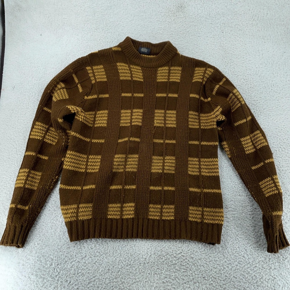 Vintage Branford Sweater Mens‎ M/L Textured Knit Brown Yellow Plaid Pullover 90s